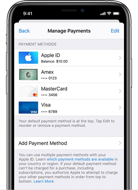 how to change default payment method apple app store