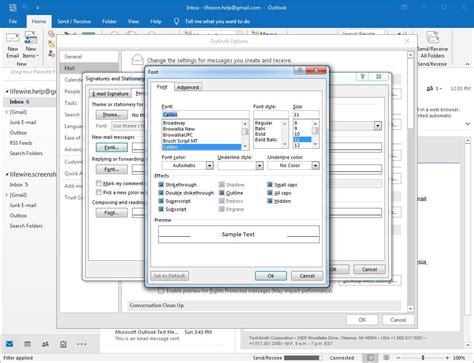 how to change default text font in outlook email