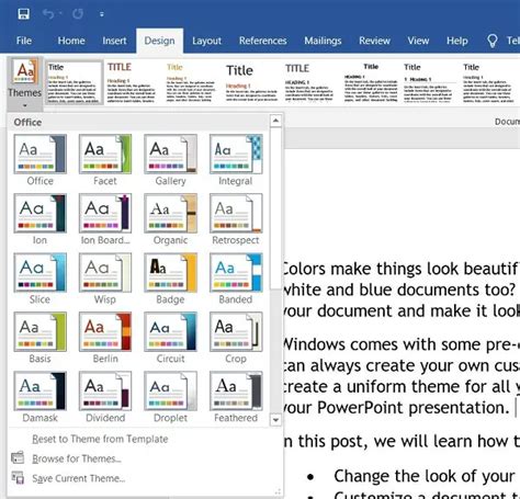 how to change document theme in microsoft word