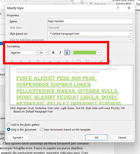 how to change font size of all page numbers in word