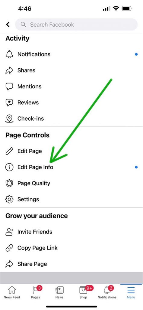 how to change info on facebook page