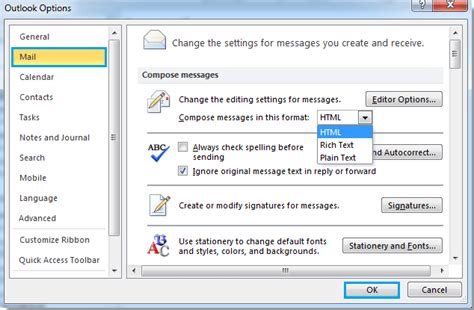 how to change message format from plain text to html in outlook