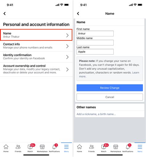 how to change name on fb page on iphone