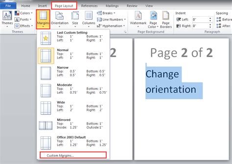 how to change orientation in ms word for one page