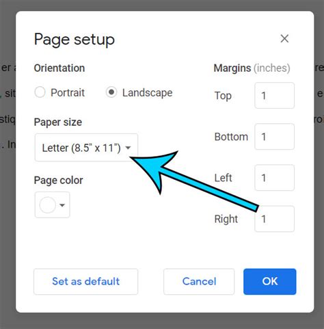 how to change paper size in google docs app