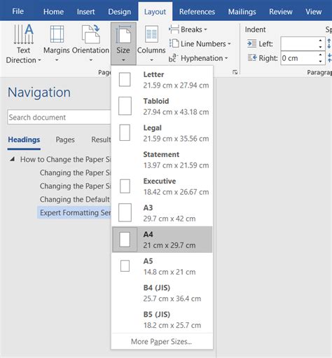 how to change paper size in word document