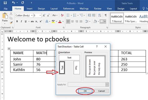 how to change text direction in ms word table
