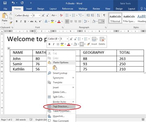 how to change text orientation in word table