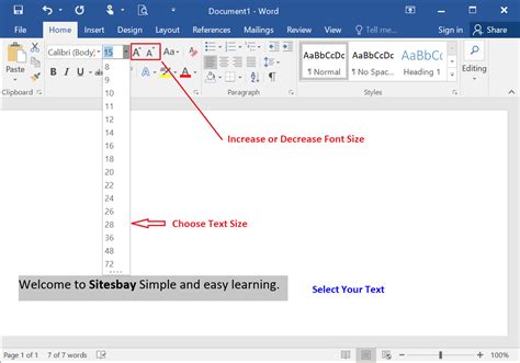 how to change text size in word app