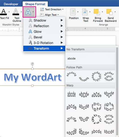 how to change text to wordart in word