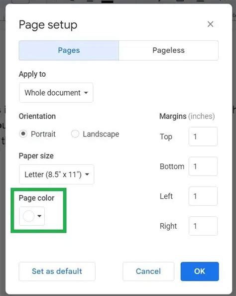 how to change the page color on google docs