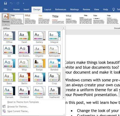 how to change the theme colors of the document to paper in word