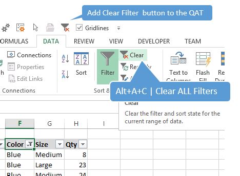 how to clear filter in excel keyboard shortcut