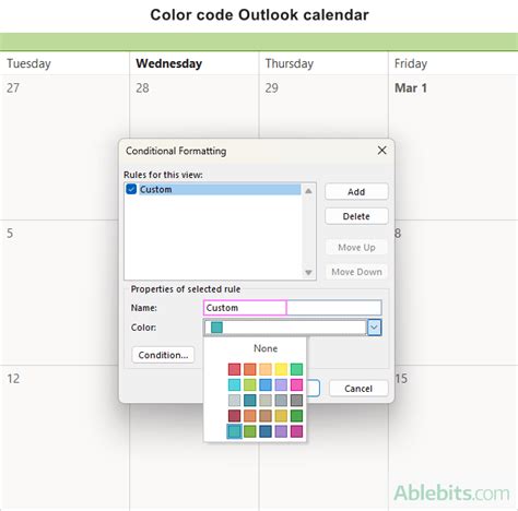 how to color code calendar entries in outlook