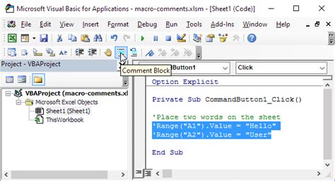 how to comment code in excel macro