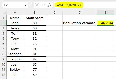 how to compute population variance in excel