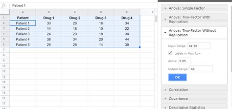 how to conduct an anova test in google sheets
