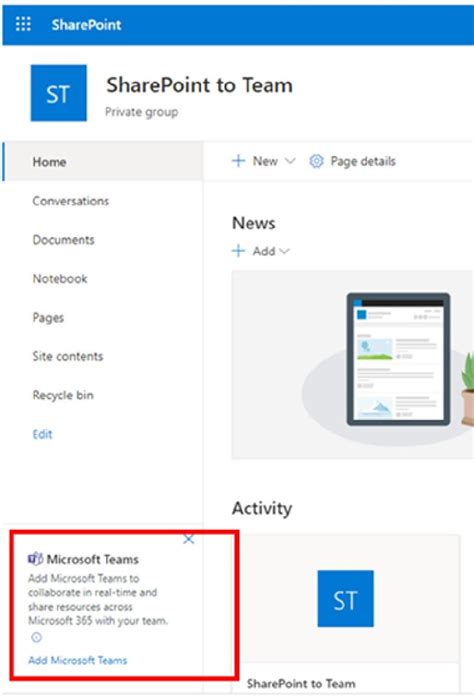 how to connect a sharepoint site to teams