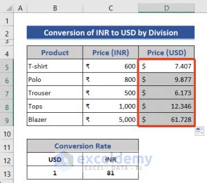 how to convert inr into dollar in excel