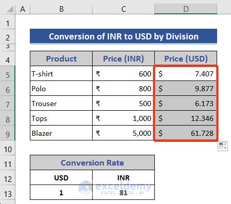 how to convert inr to usd in excel sheet