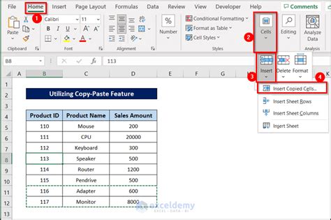 how to copy and shift cells down in excel