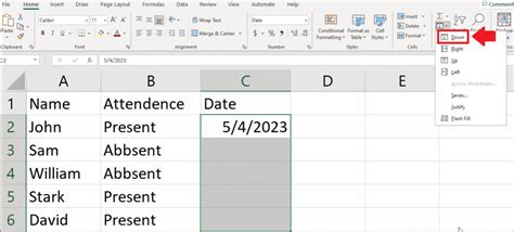 how to copy date down in excel