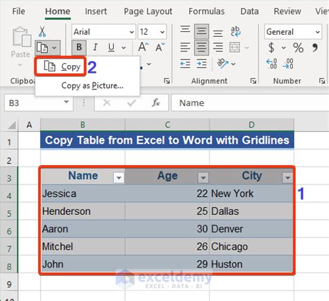 how to copy excel sheet to word with gridlines
