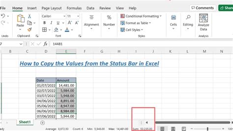 how to copy from status bar in excel