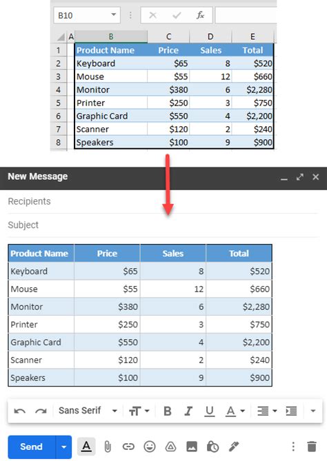 how to copy paste excel table in gmail