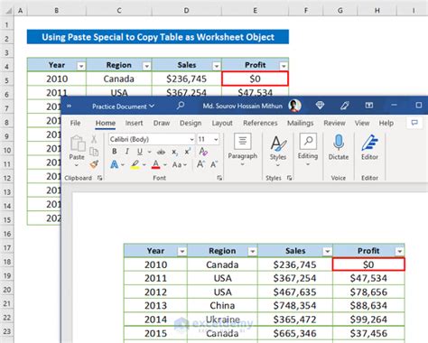 how to copy table excel to word
