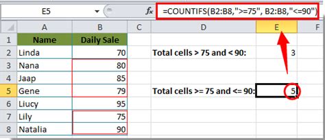 how to count between two values in excel