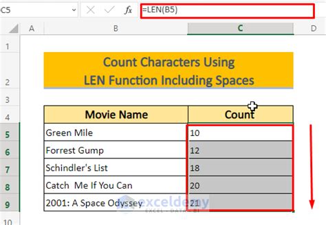how to count number of characters including spaces in excel
