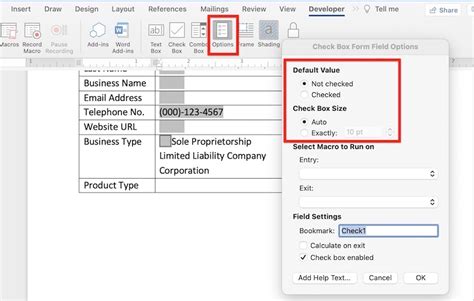how to create a check box form field in word