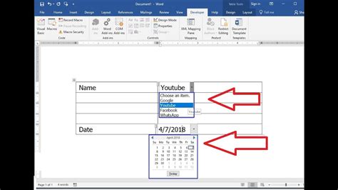 how to create a drop down date in word