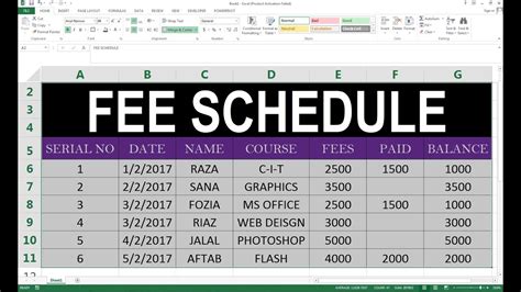 how to create a fee schedule in excel