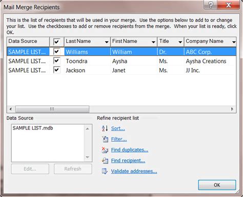how to create a mail merge recipient list in word