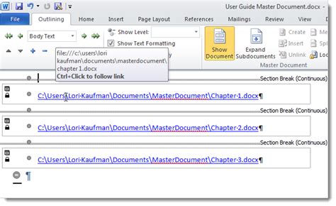 how to create a master document that links to multiple subdocuments in your word