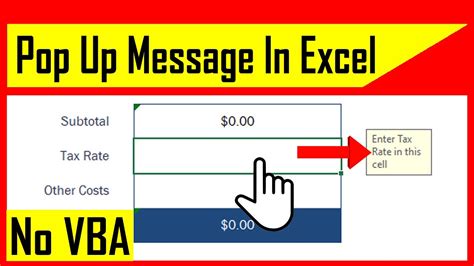 how to create a pop up message in excel