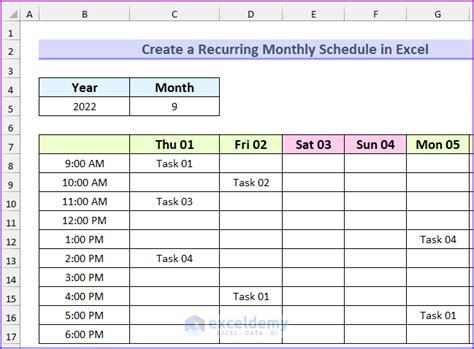how to create a recurring weekly schedule in excel