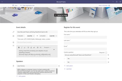 how to create a registration form in teams