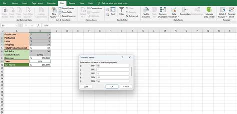 how to create a scenario in excel to save original values