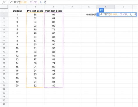 how to create a t test in google sheets