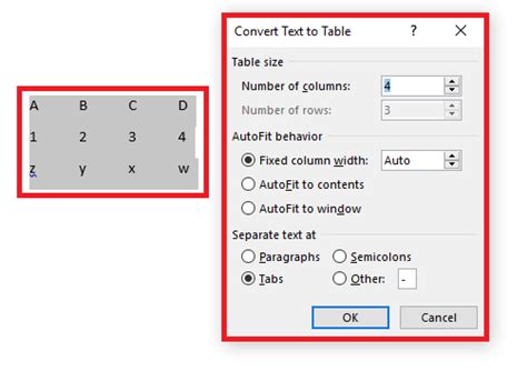 how to create a table around existing text in word