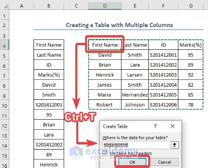 how to create a table in excel with multiple columns