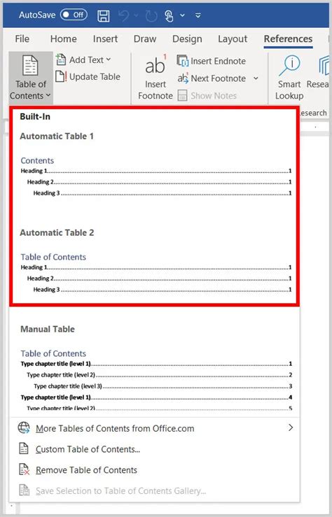 how to create a table of contents on ms word