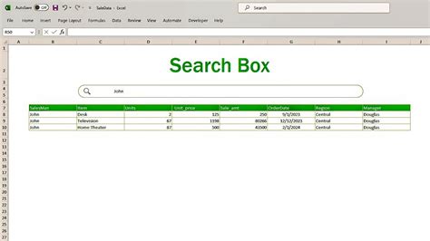 how to create a text search box in excel