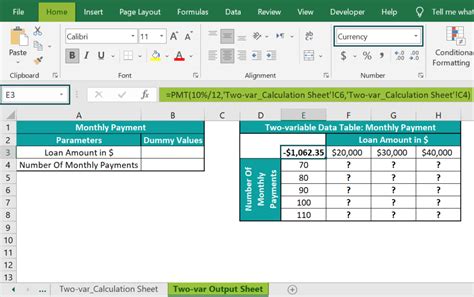 how to create a two variable data table in excel formula