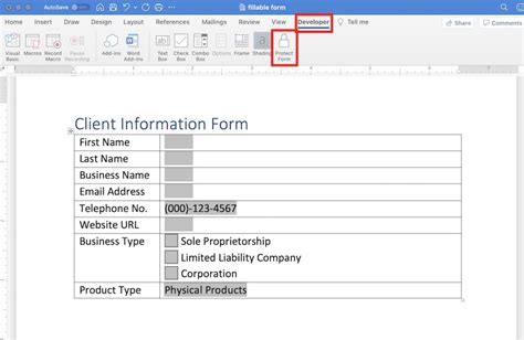 how to create a word document with fillable fields