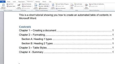 how to create a working table of contents in word