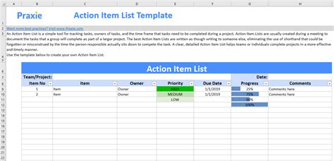 how to create an action item list in excel